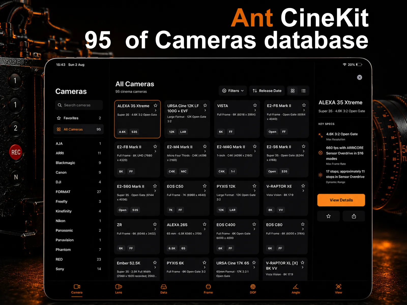 Ant CineKit cinema camera database on iPad