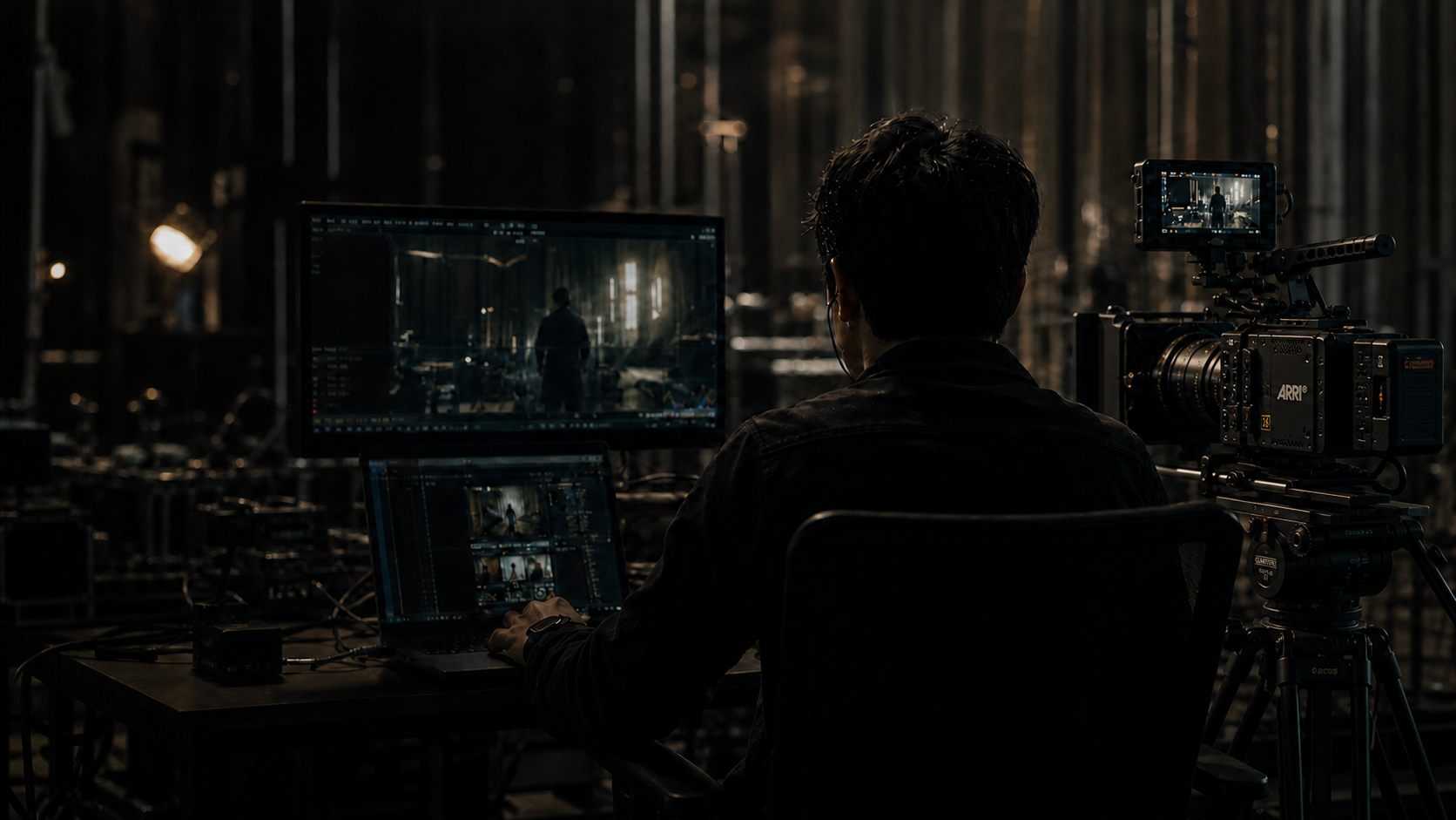 Digital imaging technician working beside an ARRI ALEXA 35 camera at an on-set monitoring station